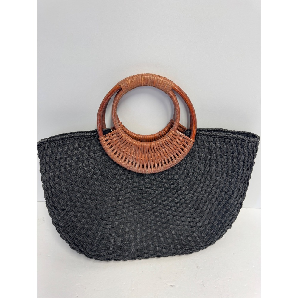 The Sak Original Black Woven Straw Tote Bag Round Wood Handles Boho Handbag